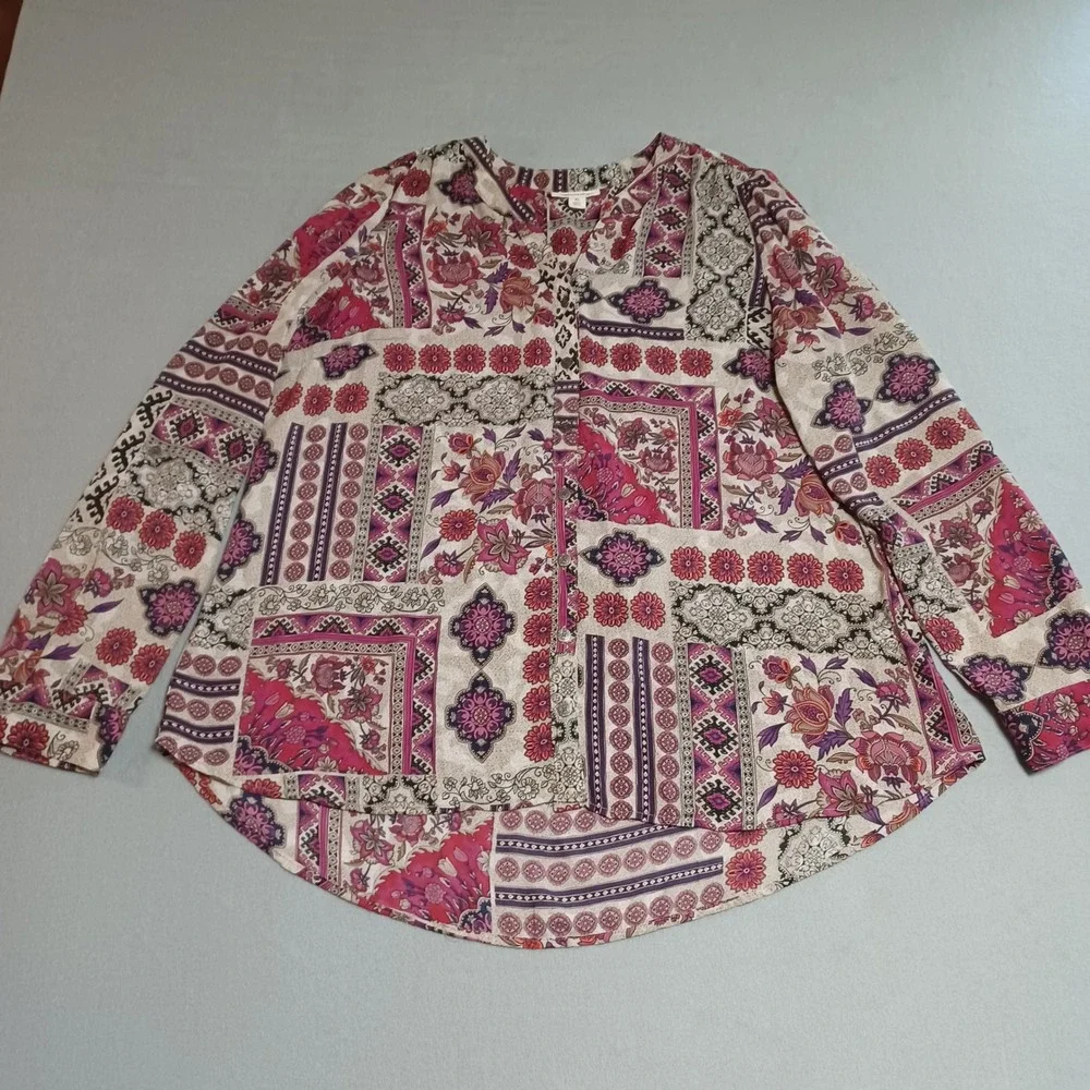 Westport Womens XL Boho Patchwork Floral Button Down Blouse Magenta Purp 4127MGP - Picture 3 of 14